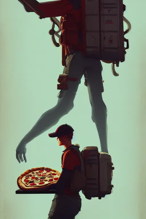 Image similar to greg rutkowski travel poster science fiction pizza delivery boy