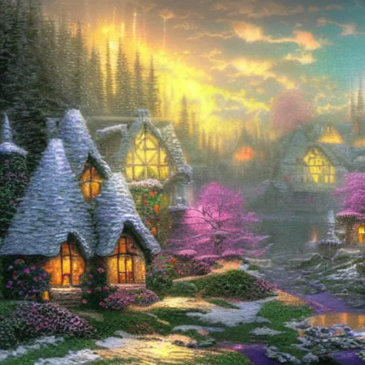 Prompt: hyperborean village in the style of Thomas Kinkade