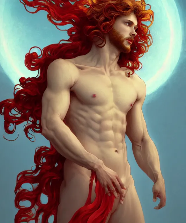 Image similar to symmetrical fullbody portrait of a beautiful young fit male angel with curly blond hairs, full dressed in long fluent red clothes, majestic big demon wings, luminous fire halo, by greg rutkowski and alphonse mucha, gradient white to gold, in front of an hellish background, highly detailed portrait, digital painting, artstation, concept art, smooth, sharp focus illustration