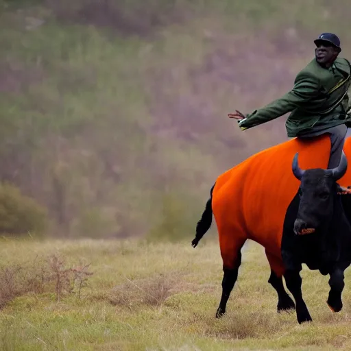 Image similar to photograph of a black man wearing an army green jacket riding an orange colored bull