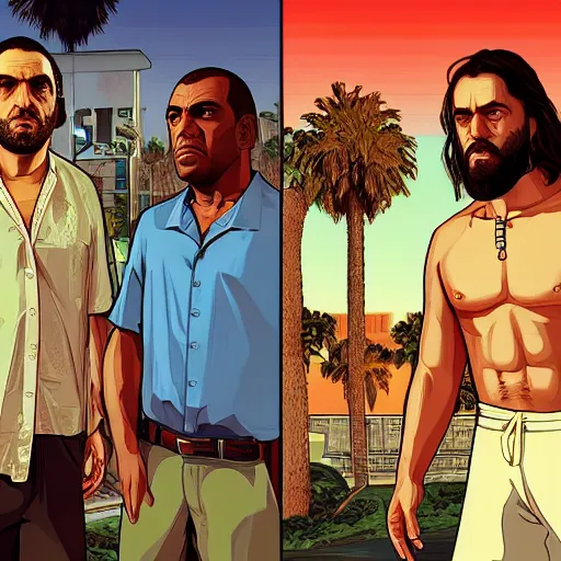 Image similar to Jesus and Mohammed in GTA V, Cover art by Stephen Bliss, Boxart, loading screen