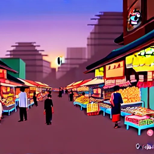 Image similar to an immaculate digital matte painting placid asian street market scene at dusk.