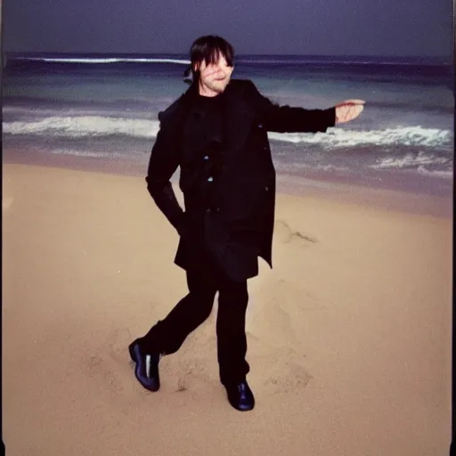 Image similar to 9 0 s polaroid photograph of norman reedus wearing a trenchcoat at night, dancing on a beach during cloudy weather, vignette