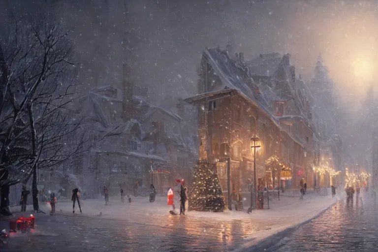 Prompt: a guillotine with christmas lights in the center of town, matte painting, concept art, digital art, trending on artstation, 4 k, extremely detailed, realistic, snowing, by greg rutkowski, cinematic, epic