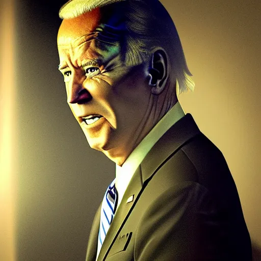 Image similar to joe biden being extremly scary, dramatic lighting, cinematic, establishing shot, extremly high detail, photorealistic, cinematic lighting, artstation, style by James Gurney