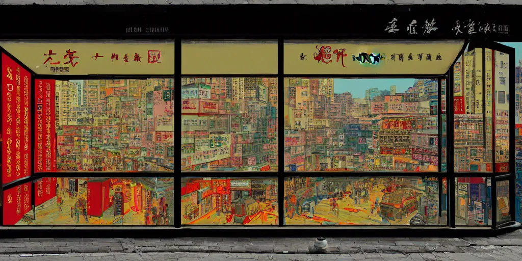 Image similar to a shop window in hong kong, by dan mumford and peter doig and edward hopper, minimal, black in, thick lines highly detailed, muted colours, overlaid with chinese adverts, 8 k