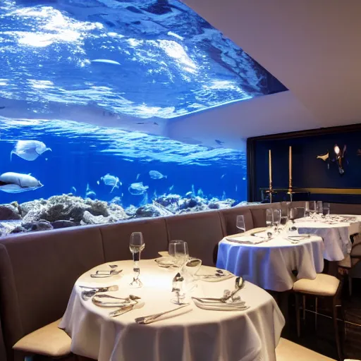 Prompt: michelin star restaurant interior, kitchen pass an underwater view of pristine scottish seas with fish shoal, dynamic lighting, scallop dredging