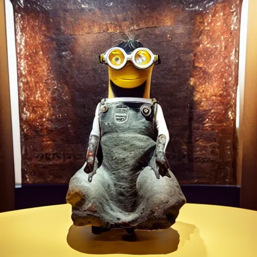 Prompt: photograph of a dry, taxidermied, ancient minion on display in a museum