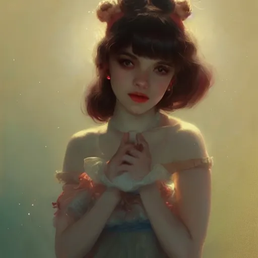 Image similar to melanie martinez, illustrated by greg rutkowski and gaston bussiere, cgsociety contest winner, artstation, portrait image, photorealistic facial features, 4 k, 8 k, volumetric lighting, white backdrop