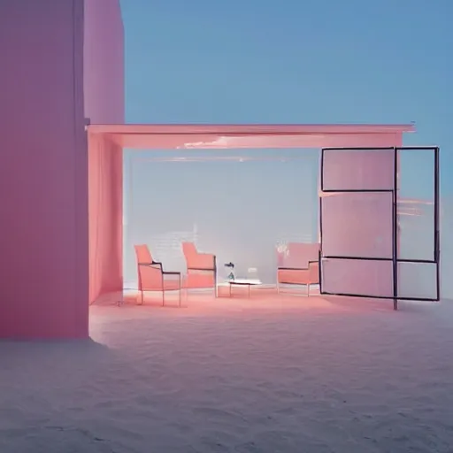 Image similar to An ultra high definition, professional photograph of an outdoor partial IKEA showroom inspired sculpture located on a pastel pink beach ((with pastel pink, dimpled sand where every item is pastel pink. The sun can be seen rising through a window in the showroom.)) The showroom unit is outdoors and the floor is made of dimpled sand. Morning time indirect lighting with on location production lighting on the showroom. In the style of wallpaper magazine, Wes Anderson.