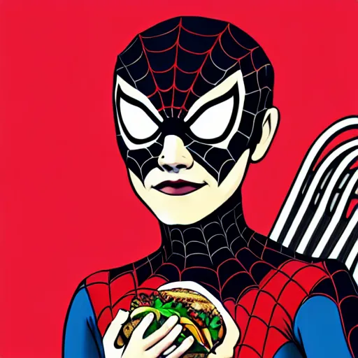 Prompt: emma watson in a spiderman suit sitting on the iron throne, eating a hamburger, by samdoesarts and rossdraws, intricate painting, global illumination