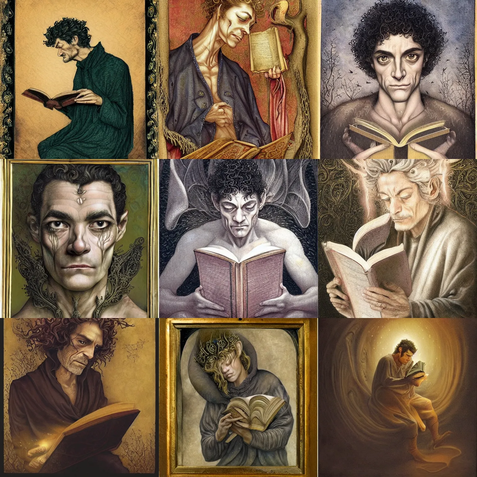 Prompt: a 1 3 th century, enigmatic, melancholic, fae king ( look like ( ( forthy years old james frain ) ), is ( ( reading an old book ) ). light dust, magnificent, hyperdetailed, theatrical, painted by mandy tsung