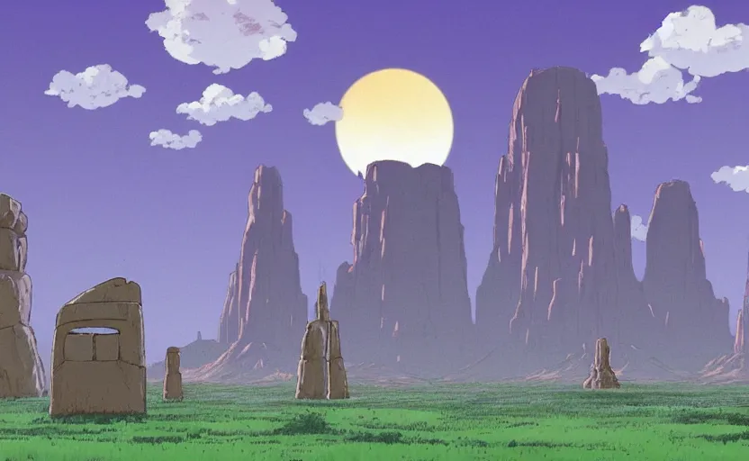 Image similar to a cell - shaded studio ghibli concept art from paprika ( 2 0 0 6 ) of a spaceship from close encounters of the third kind ( 1 9 7 7 ) sitting on top of a lush temple that looks like monument valley stonehenge jungle. a caravan is in the foreground. very dull colors, portal, hd, 4 k, hq