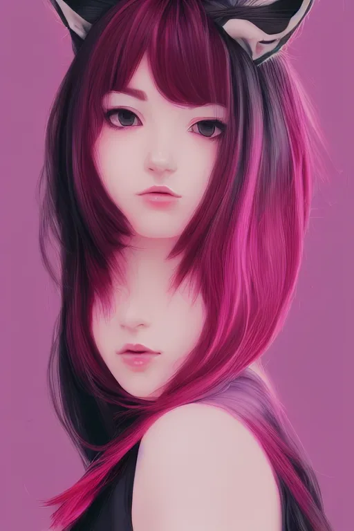 Prompt: centered detailed portrait of a beautiful shy woman with medium fuschia hair and fox ears, by Ilya Kuvshinov