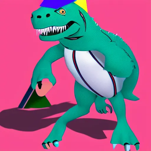 Prompt: subject: T-Rex wearing a neon striped party hat style: DreamWorks animation