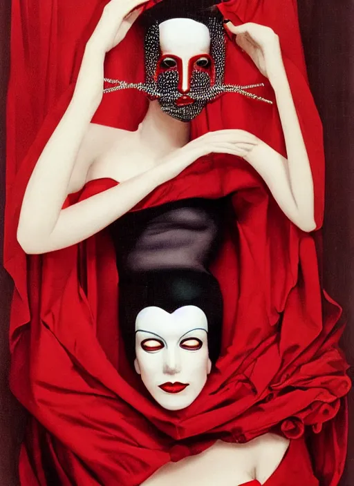 Image similar to an 8 0 s portrait of a woman with dark eye - shadow and red lips with dark slicked back hair, a mask made of wire and beads, dreaming by serge lutens, rolf armstrong, delphin enjolras, peter elson, red cloth background, surreal flat color