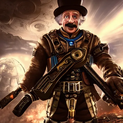 Image similar to albert einstein as willy wonka in gears of war, splash art, movie still, cinematic lighting, dramatic, octane render, long lens, shallow depth of field, bokeh, anamorphic lens flare, 8 k, hyper detailed, 3 5 mm film grain