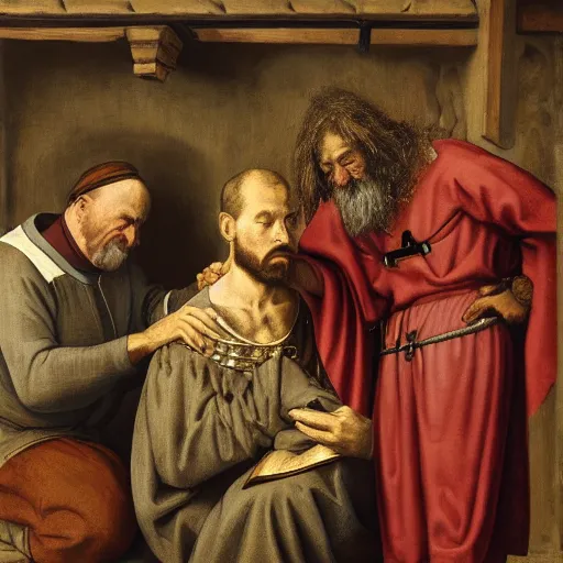 Image similar to detailed portrait of a medieval doctor performing treatment on a peasant, 4 k high detail, scientific