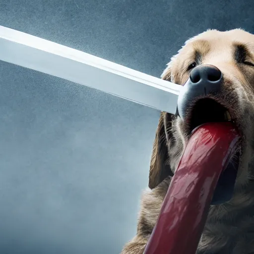 Image similar to a giant dog holding a katana in his mouth, fog, menacing, terror, high details, 4 k
