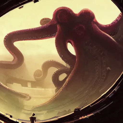 Prompt: The giant octopus monster through the spaceship window, wide shot, broad detail, by Greg Rutkowski