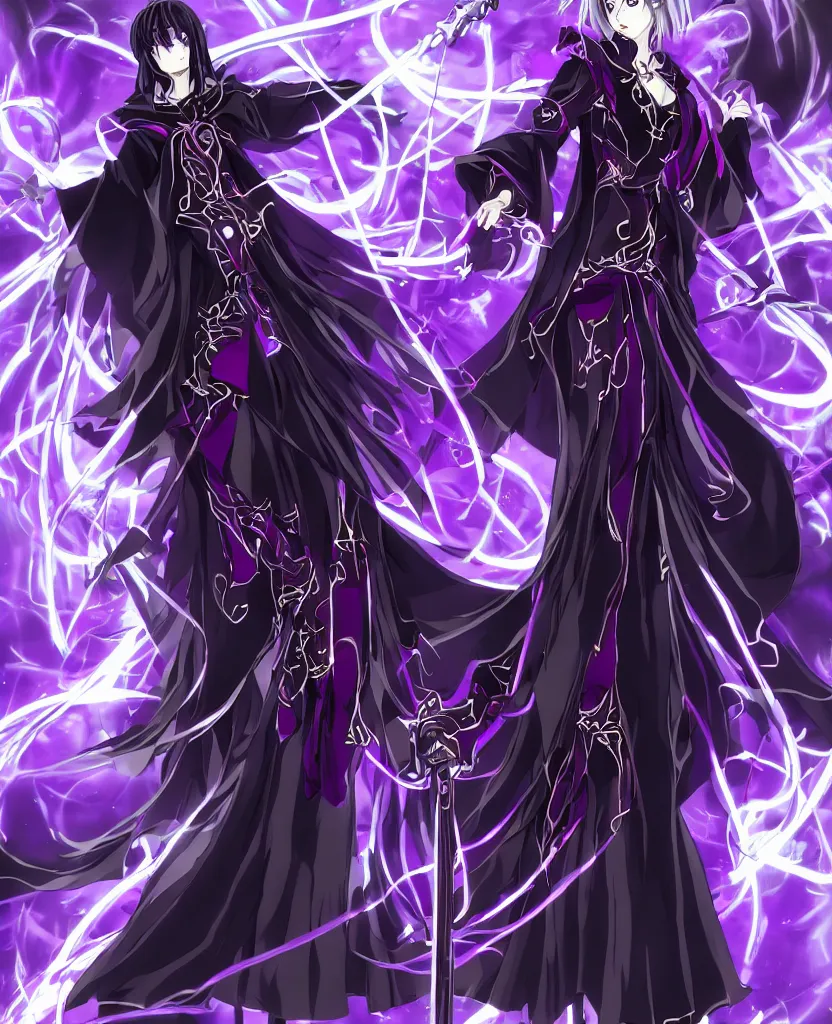 Image similar to an attractive anime female necromancer mage symmetrical, donned in black cloak with purple staff full body in frame