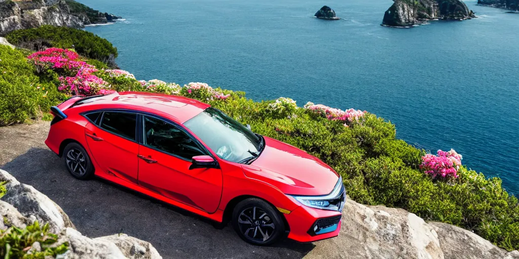 Prompt: A honda civic sitting on a sea cliff, surrounded by flowers