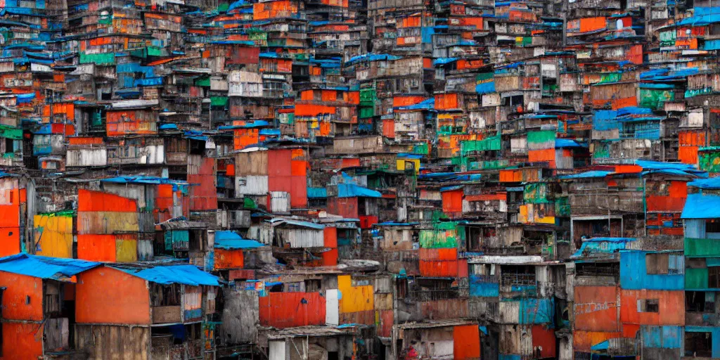 Prompt: slums in rio, favela vivid color, rio de janeiro, wangchen-cg, 王琛, Neil blevins, Denis Sarazhin, matte painting, greg rutkowski, thomas kinkade, Artoast8P, Trending on artstation. 4k symmetrical features, ominous, magical realism, texture, intricate, ornate, royally decorated, house frame, nails, whirling smoke, embers, red adornements, red torn fabric, neon lights, urban street, trending on artstation, volumetric lighting, micro details, 3d sculpture, ray tracing, 8k