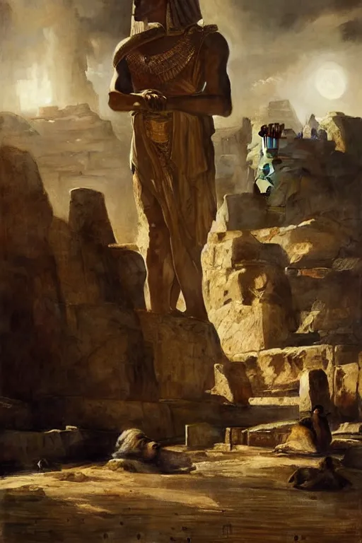 Prompt: beautiful landscape oil painting, of ancient egypt giant satue of anubis, art by anders zorn, wonderful masterpiece by greg rutkowski, beautiful cinematic light, thomas lawrence, greg rutkowski