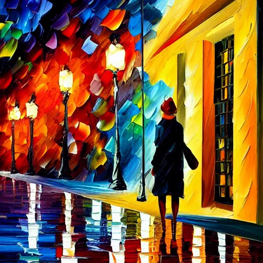 Prompt: impasto acrylic painting of a woman in a serene san francisco streetscape at night. inspired by leonid afremov, artstation, art - deco, cinematic lighting