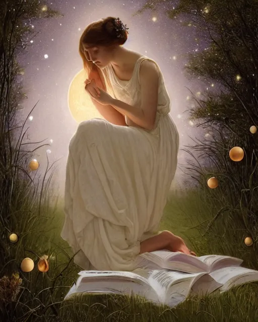 Image similar to a girl in white nightgown reading a book by the river, a full moon on the horizon, dark starry sky, golden orbs and fireflies, illustration, dramatic lighting, painting oil on canvas, art nouveau, 8 k, by edmund blair leighton, brom, charlie bowater, trending on artstation, faces by tom bagshaw, sargent