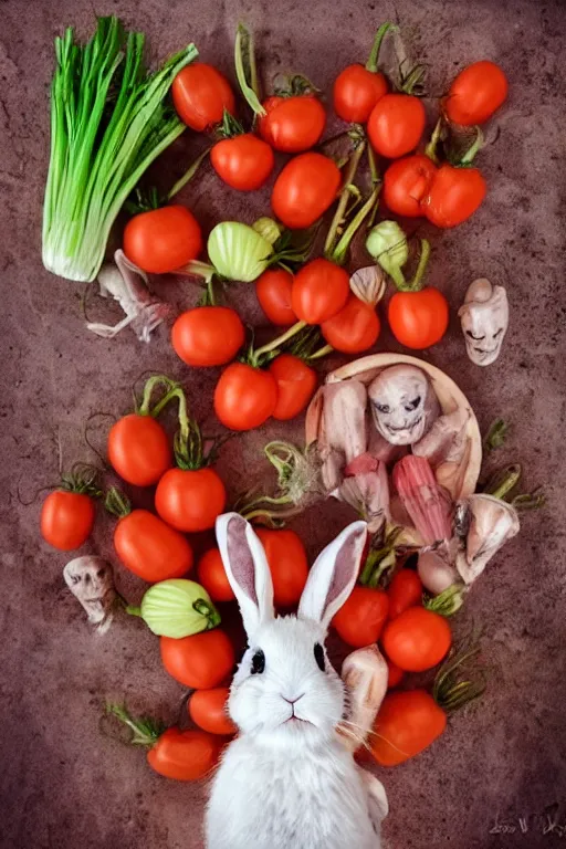 Image similar to portrait of rabbit, demon eyes, dracula fangs! haunted house, celery tomatoes carrots in background