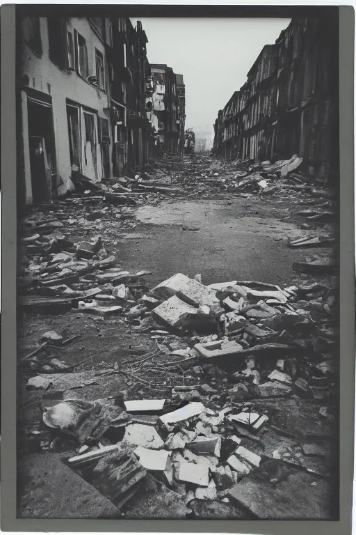 Prompt: photo polaroid of sad and lonely child in the middle of the street, destroyed buildings rubble, loneliness, war, black and white ,photorealistic, 35mm film,