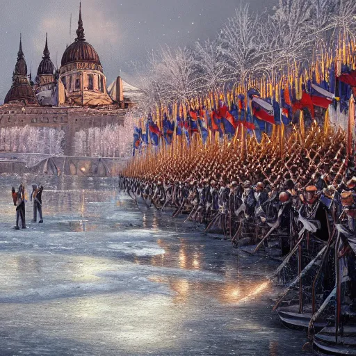 Image similar to an extremely realistic painting depicting the coronation of viktor orban on the frozen danube, detailed, intricate, elegant, fat, highly detailed, digital painting, artstation, concept art, smooth, sharp focus, illustration,