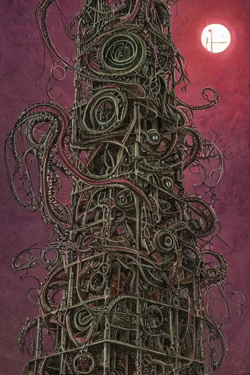 Image similar to lovecraftian biomechanical machine tower with fleshy tendrils and eyeball at top overlooking dystopian wasteland, highly detailed, colorful with red hues