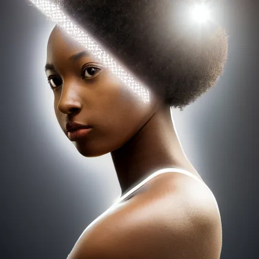 Prompt: beautiful centered fine art photo portrait of beautiful black girl with white solarpunk mecha humanoid head parts with led lights, sexy pudica pose gesture by bouguereau, white background, ultra - realistic and intricate, soft box lighting, shallow depth of field hdr 8 k