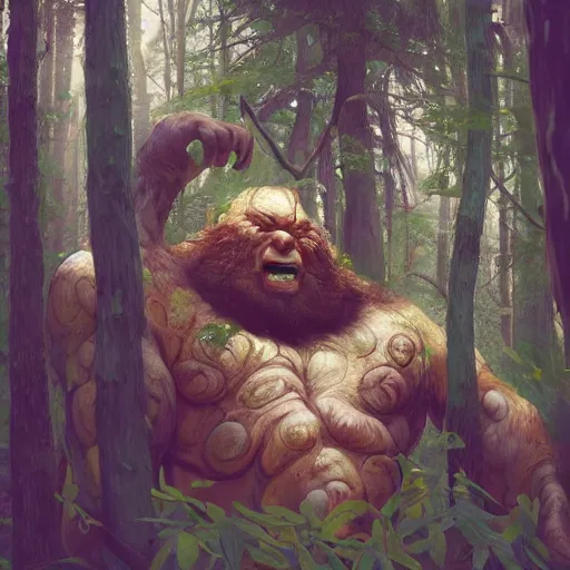 Image similar to a forest giant in the woods, au naturel, hyper detailed, digital art, trending in artstation, cinematic lighting, studio quality, smooth render, unreal engine 5 rendered, octane rendered, art style by klimt and nixeu and ian sprigger and wlop and krenz cushart