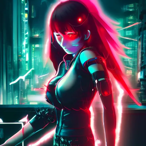 Image similar to 3 d digital cyberpunk anime!!, shattered cyborg - body, cyborg - girl, lightning, raining!!, water refractions!!, black red fade long hair!, biomechanical details, neon background lighting, reflections, wlop, ilya kuvshinov, artgerm