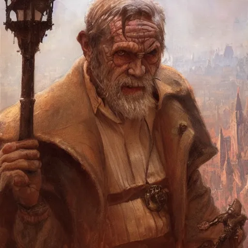 Image similar to a demonic old man stands in the middle of a medieval street and turns into something terrible, close - up, painting by gaston bussiere, craig mullins, j. c. leyendecker, 4 k, 8 k, trending on artstation, artstationhd, artstationhq, highest detail