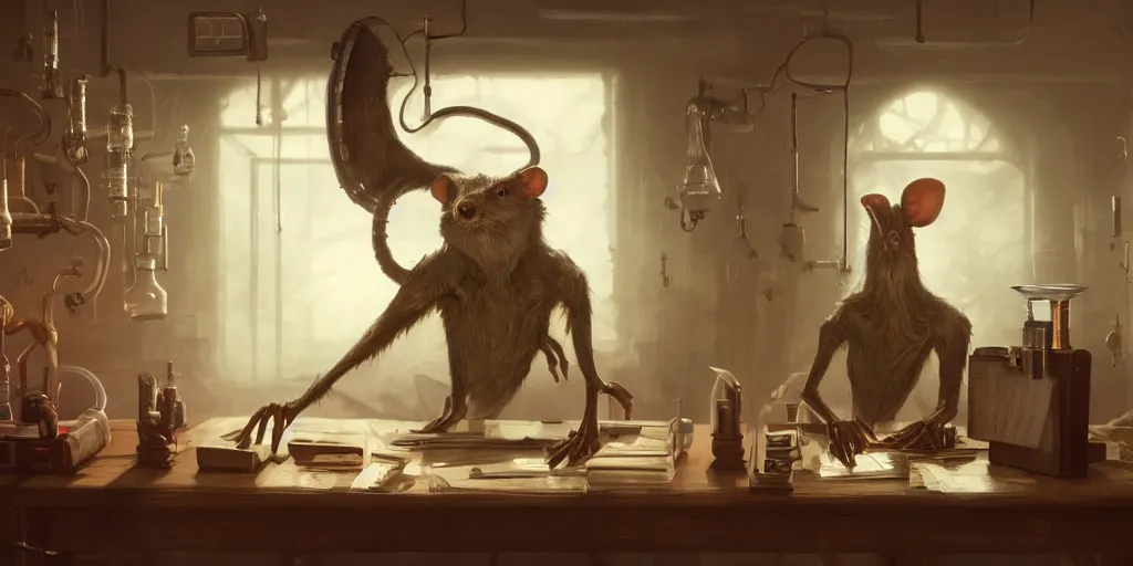 Image similar to humanoid rat in a laboratory sitting at a desk with lots of flasks filled with magic liquids and poisonous fog, stephen bliss, unreal engine, fantasy art by greg rutkowski, loish, rhads, ferdinand knab, ilya kuvshinov, rossdraws, tom bagshaw, global illumination, radiant soft light, detailed and intricate environment