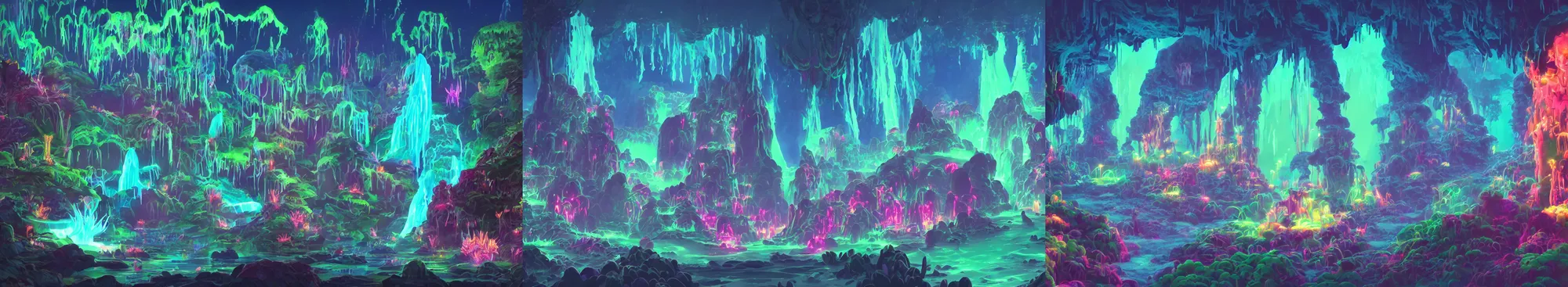 Prompt: a bioluminescent cave with glowing stalagmites and stalagtites, alien plants, neon, dayglo, glowing lychen by lisa frank and studio ghibli and makoto shinkai