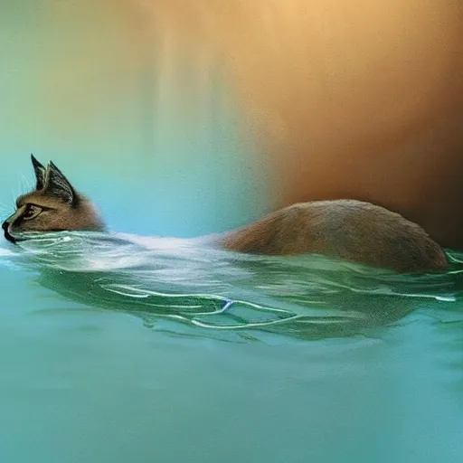 Prompt: hyperrealistic post - classical cinematic very expressive! cute fluffy caracal, body in water, bathtub, mirror dripping droplet!, digital art masterpiece, smooth cam de leon eric zener dramatic pearlescent teal light, ground angle uhd 8 k, sharp focus