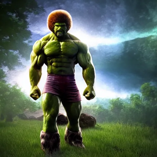 Image similar to photomanipulation of BOB ROSS as hulk with human flesh, marvel, fully detailed, volumetric lightening, octane render