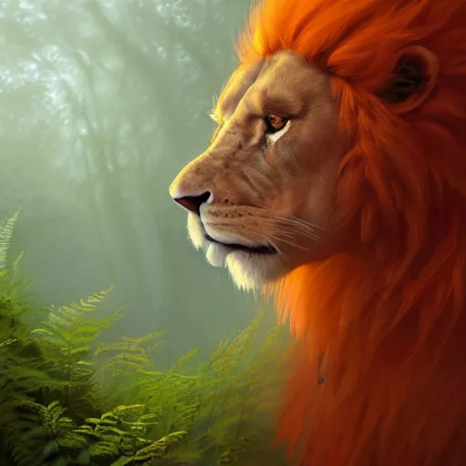 Image similar to aesthetic portrait commission of a of a male fully furry muscular anthro albino lion in orange in attractive outfit made entirely out of forest ferns,digital art,art by greg rutkowski, charles bowater, charlie bowater, ross tran, artgerm, and makoto shinkai, detailed face, hyperdetailed, photorealistic, artstation, deviantart, 4k, detailed, inked, western comic book art, award winning painting ,high definition