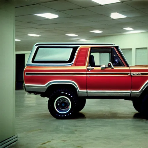 Image similar to 1979 Bronco Mercury Colony Park, inside of an auto dealership, ektachrome photograph, volumetric lighting, f8 aperture, cinematic Eastman 5384 film