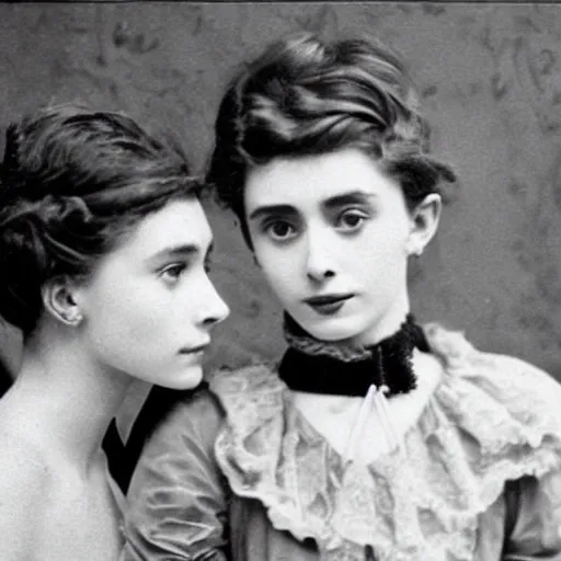 Image similar to edwardian photograph of audrey hepburn, timothee chalamet, 1 9 0 0 s, 1 9 1 0 s, grainy, slightly blurry, faded, realistic face