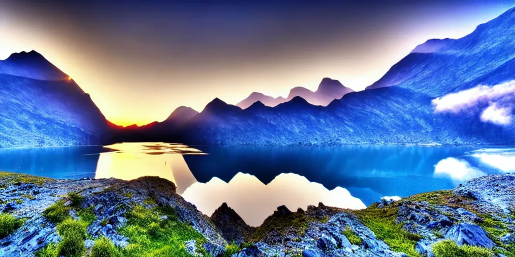 Image similar to a beautiful landscape, sun rises between two mountains, a lake in between the mountains, blue sky, cloudy, photograph, high resolution, extremely detailed, hyper realism