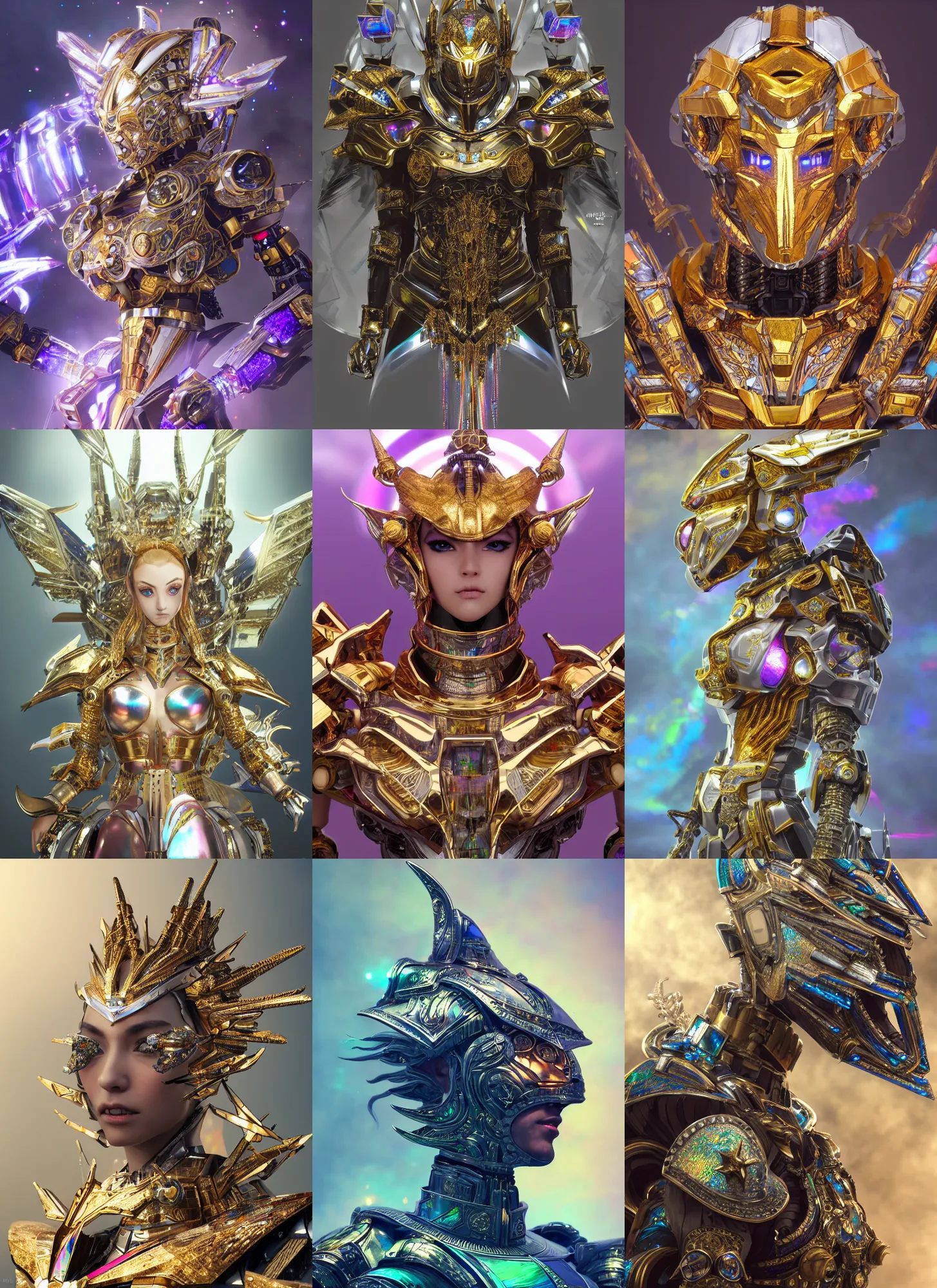 Prompt: angle profile portrait, hyperdetailed stunningly armored robot made of iridescent metals and shiny gems, ethereal rainbow nimbus, golden necklace, noble perfect inspired by ross tran and wlop and masamune shirow and kuvshinov, concept art, intricate, highly detailed, photorealistic, octane render, 8 k, huang guangjian, cgsociety