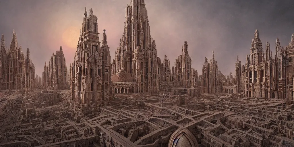 Image similar to sci - fi concrete baroque rococo gothic architecture in hell, babylonian, ziggurat, zaha hadid, beksinski, wayne barlowe, oil painting, photoreal, highly detailed, 8 k, hd, vray, artstation, cinematic matte painting, extreme detail photo quality, sunset, featured on behance