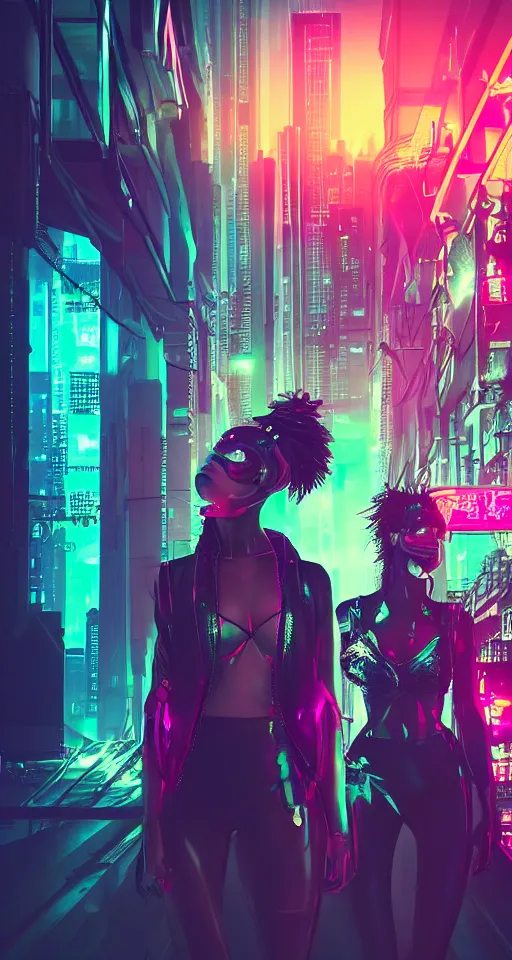 Image similar to cyberpunk women, high detail, city, neon lights, glow, sunset, atmospheric, cinematic, in style of retrowave ,