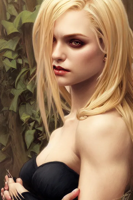 Image similar to portrait of a blonde vampire, dark, piercing eyes, gentle expression, elegant clothing, photorealistic, highly detailed, artstation, smooth, sharp focus, art by michael whelan, artgerm, greg rutkowski and alphonse mucha